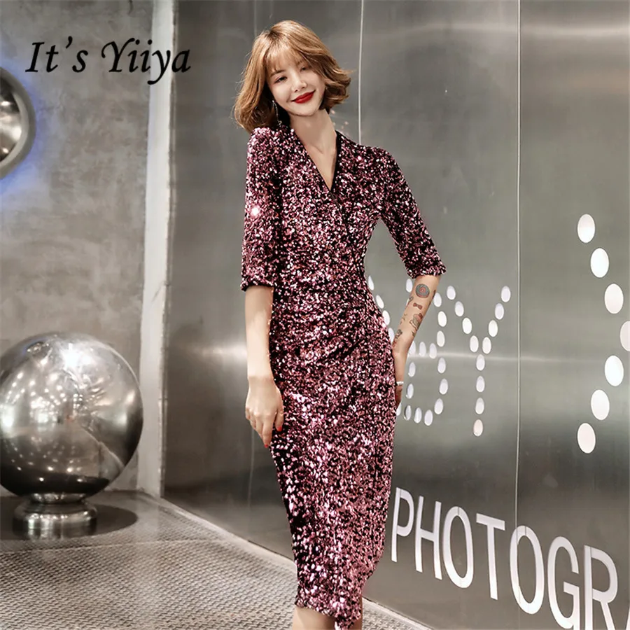 

It's Yiiya Evening Dress Luxury Sequins Shining Formal Dresses Plus Size Half Sleeve Party Gowns V-neck robe de soiree E1368