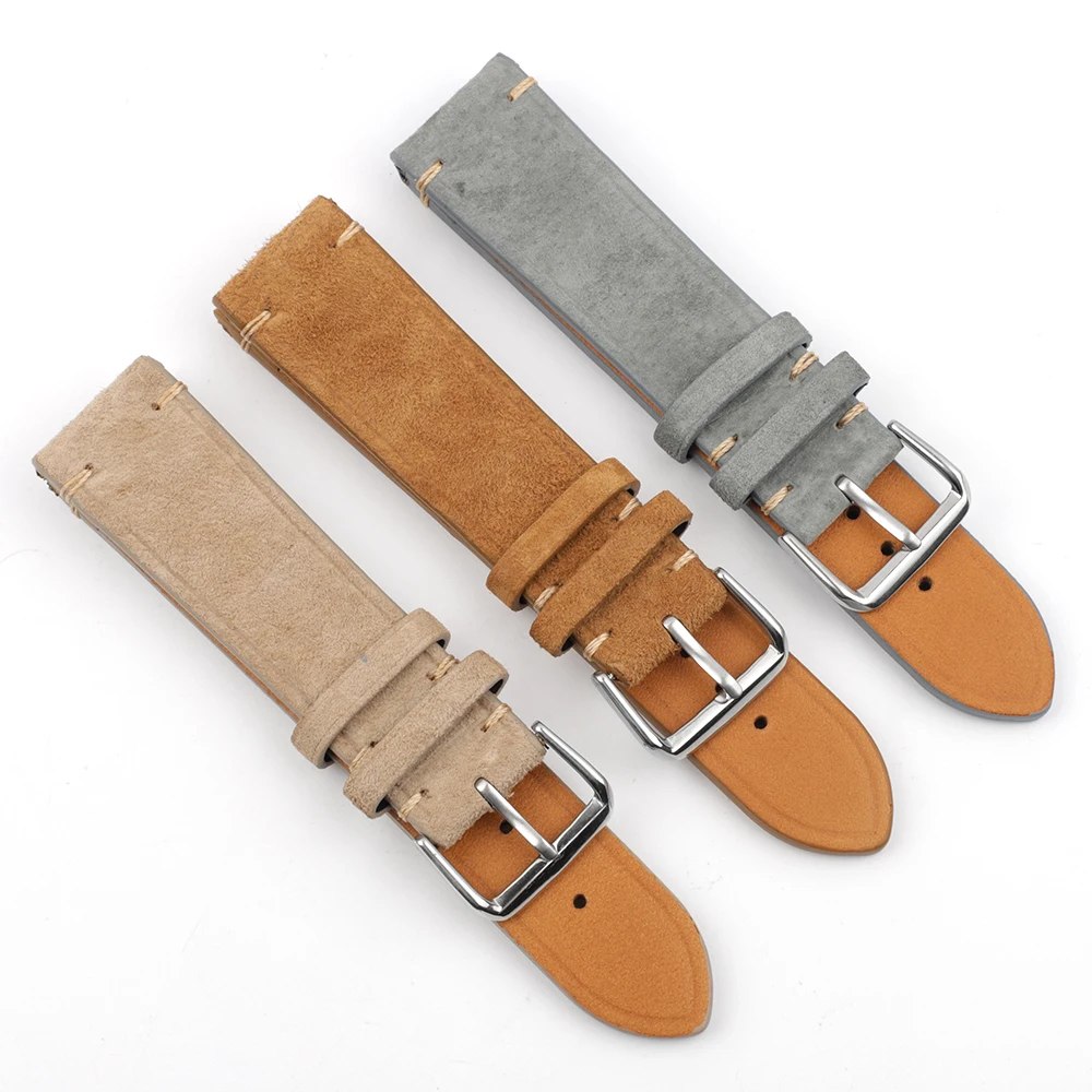 Handmade Suede Leather Watch Strap Watch Accessories Wristband Belt Brown Gray Beige 18mm 20mm 22mm Stainless Steel Buckle #E