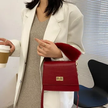 

Retro Stone Pattern Plush Handbag for Women 2020 Winter Ladies Crossbody Messenger Shoulder Bags Solid Soft Leather Female Totes