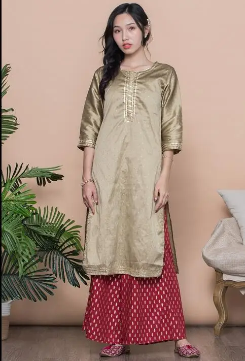 Женские модные комплекты в этническом стиле хлопок Индия Kurtas платье леди три четверти рукав топ брюки
