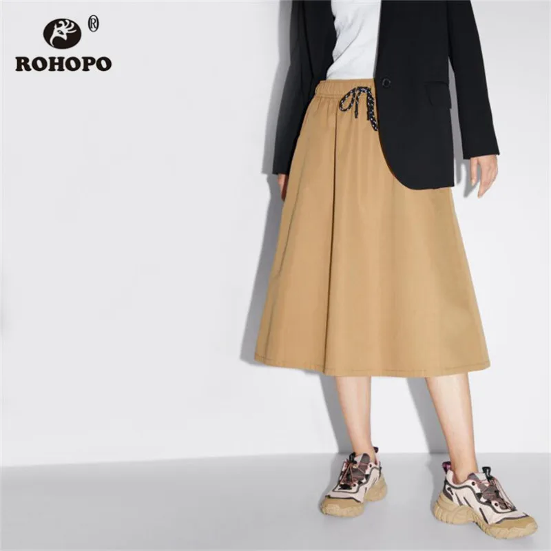 

ROHOPO High Waist Solid Khaki Pleated Maxi Cotton Midi Skirt Elasticity Waist Female Mid Calf Length Falda # 9557