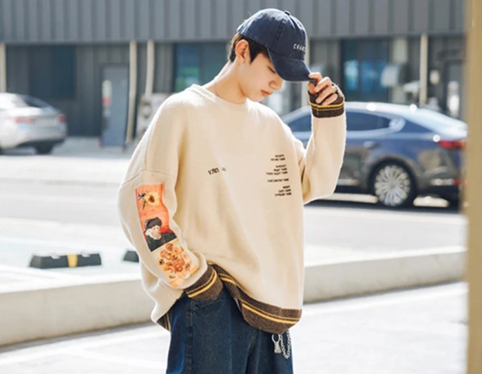 LACIBLE Hip Hop Sweater Pullover Men Van Gogh Painting Embroidery Knitted Sweater Harajuku Streetwear Tops Casual Pullover