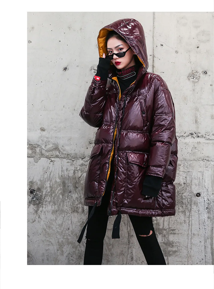 Европейский женский пуховик, женская новая Большая теплая Глянцевая зимняя куртка, модное Свободное пальто с капюшоном и подкладкой из водонепроницаемого материала 149
