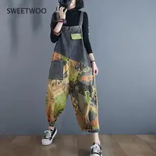 

Women Graffiti Print Denim Jumpsuits Overalls New Loose Patchwork Pocket Jean Pants Female Casual Rompers Plus Size macacao 2021