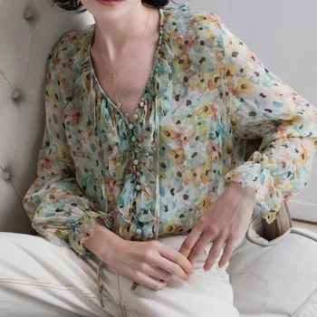 

100% Silk Print Women's V-necck Blouse Ladies Sexy Summer Soft Shirt Retro Casual Female Long Sleeve Buckle Blouses And Tops