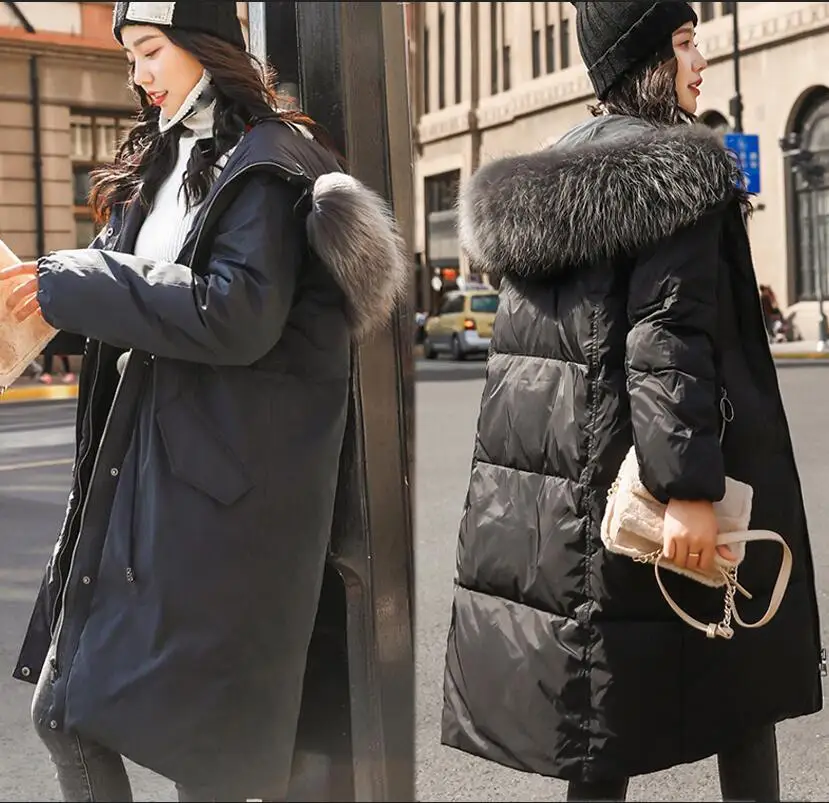 Женский Двухсторонний пуховик, Длинная зимняя куртка с капюшоном, пуховое пальто на белом утином пуху, теплые парки, зимняя верхняя одежда высокого качества размера плюс - Цвет: Черный