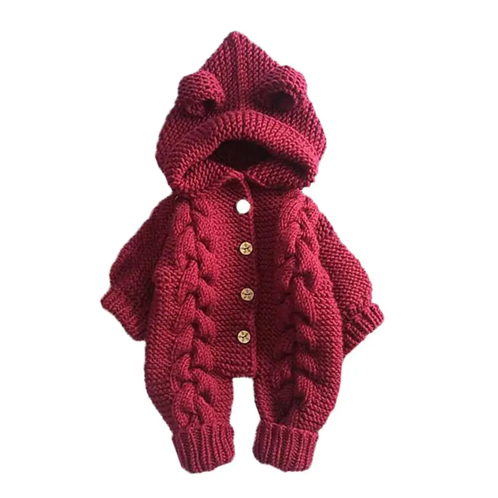 Милый трикотажный комбинезон; зимняя теплая одежда для маленьких мальчиков и девочек; пальто для новорожденных; Трикотажные изделия; комбинезон с капюшоном; Новинка года - Цвет: Красный