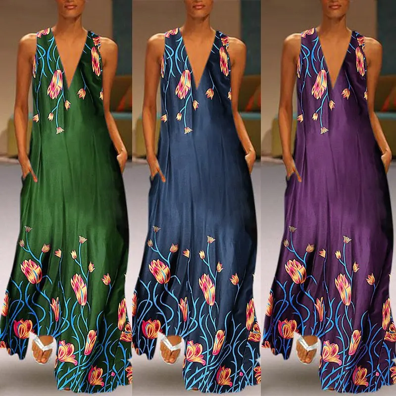 ZANZEA богемные длинные платья больших размеров женские сексуальные с глубоким v-образным вырезом Макси Vestidos летние сарафаны Повседневные платья-кафтаны Robe Femme