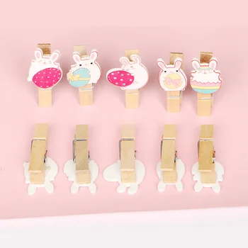 

10pcs Wooden Pegs with Linen Rope Lovely Rabbit Colored Note Memo Photo Paper Peg Holder Craft Clips For Easter Party Decoration
