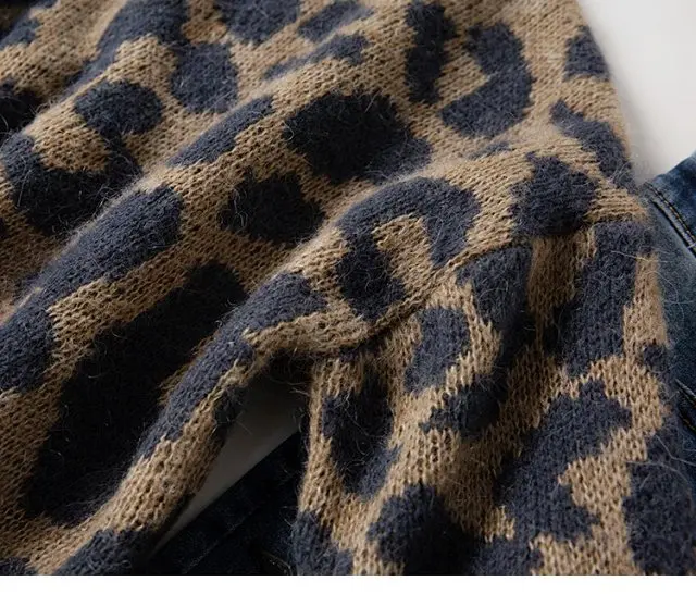 Elfbop мохера Вязание и круглой горловиной, с нашивкой в виде красивого Леопардовый свитер с рисунком пуловер-Для женщин новейший вязаный свитер с длинными рукавами для девочек