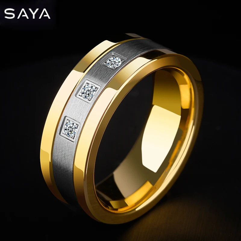 

8mm Tungsten Rings for Men Gold Plating Wedding Bands 3 CZ Stone Marriage, Free Shipping, Customized