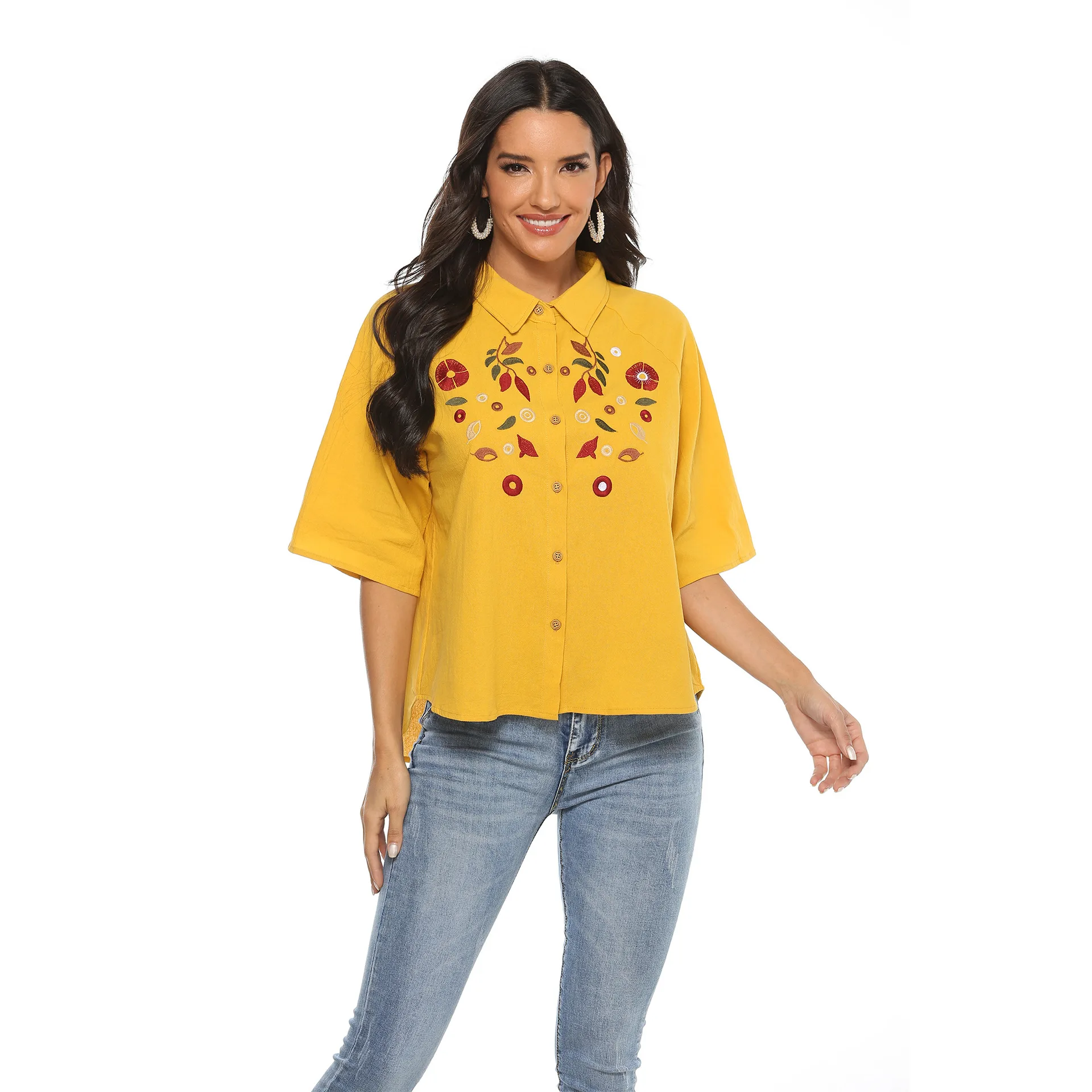 

Summer Plus Size Embroider Women's Blouse Solid Short Sleeve Casual T-Shirt Turn-down Collar Button Female Fashion Elegant Shirt