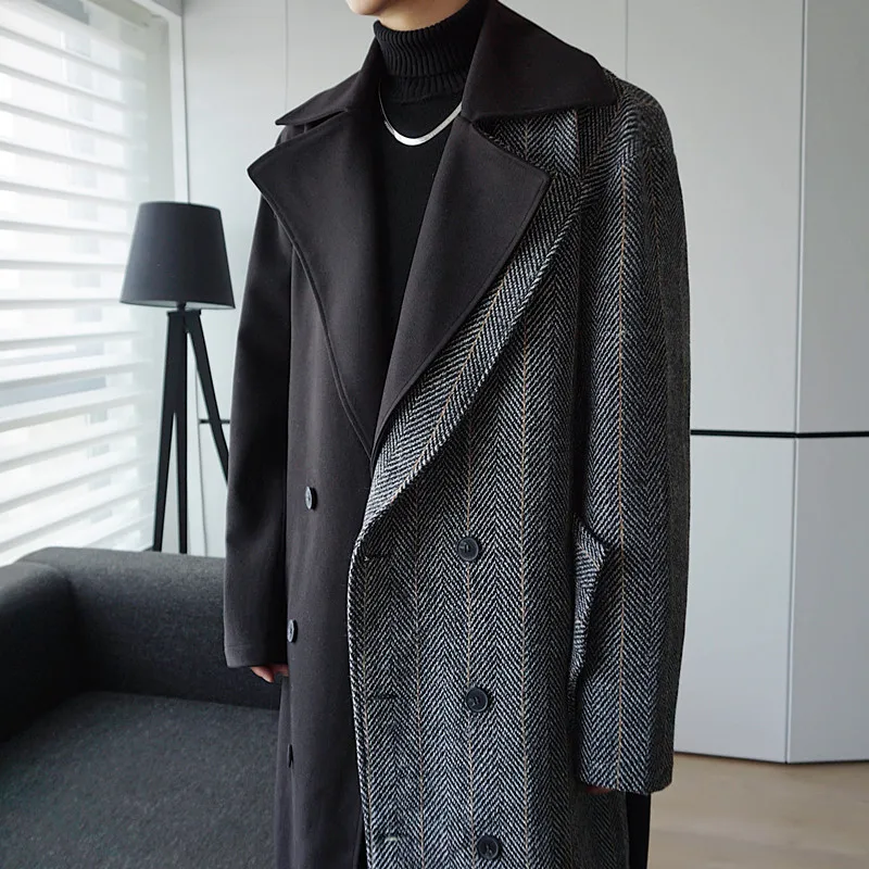 2021 Splice 3/4 Length Woolen Belt Double Breasted Trench Coat Overcoat Male Streetwear Vintage Windbreaker Jacket Outerwear