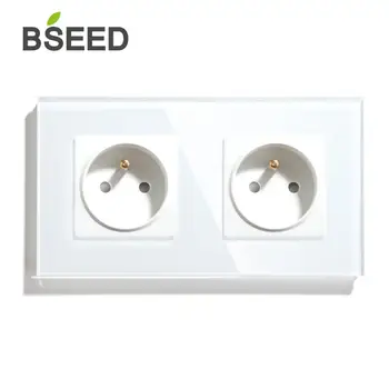 

BSEED Double Wall Socket Frence Standard White Black Gloden Crystal Glass Panel 157mm 16A 110V-250V