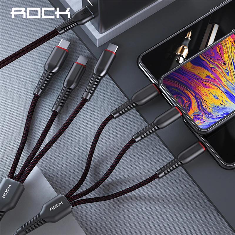 

ROCK 6 in 1 USB Cable For iPhone X XR 8 Lighting Type C Micro Cable for Samsung S9 S8 Hi-Tensile Metal Braided Fast Charge Cable