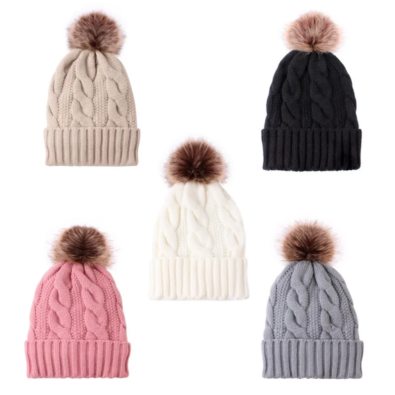 

Solid Color Hat Women Winter Soft Thick Fleece Lined Dual Layer Knitted Beanie With Faux Fur Hats Keep Warm Outdoor Sports Hat
