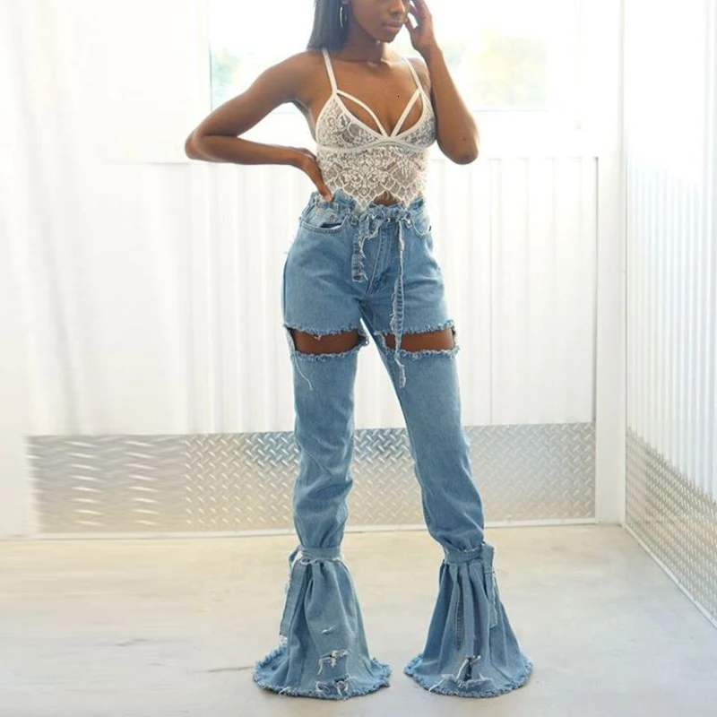 Fall Blue Denim Pants Women High Waist Flare Trousers Ripped Hole Slim Jeans Autumn Female Plus Size High Street Wear
