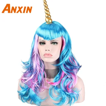 

Unicorn Wigs for Women Long Wave Synthetic Gold Horns Curly Colorful Hairs Anxin Rainbow Clown Natural Cosplay Anime Wigs