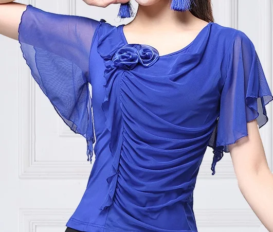 Бальный танцевальный Топ сетчатые рубашки испанское фламенко вальс одежда женская стандартная одежда для занятий танцами большой размер 5 цветов DNV11923 - Цвет: Short sleeve