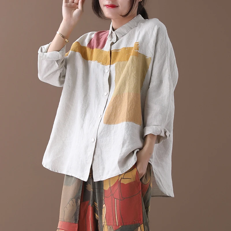 

[EWQ] 2019 Autumn New Pattern Office Lady Style Full Sleeve Retro Loose Geometry Pattern Single Breasted Lapel Collar ShirtAF899