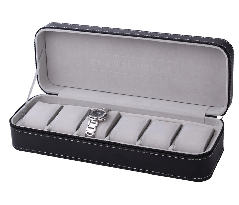 

Portable Watch Box Black Organizer PU Leather Casket with Zipper Classic Style 6 Grids Multi-Functional Bracelet Display Case