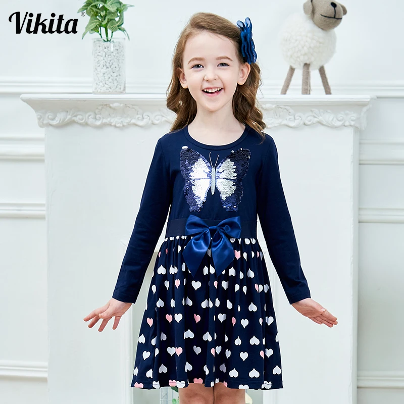 VIKITA Kids Autumn Dress for Girls Children Sequined Dress Girls Butterfly Dresses Toddlers Kids Long Sleeve Cotton Vestidos