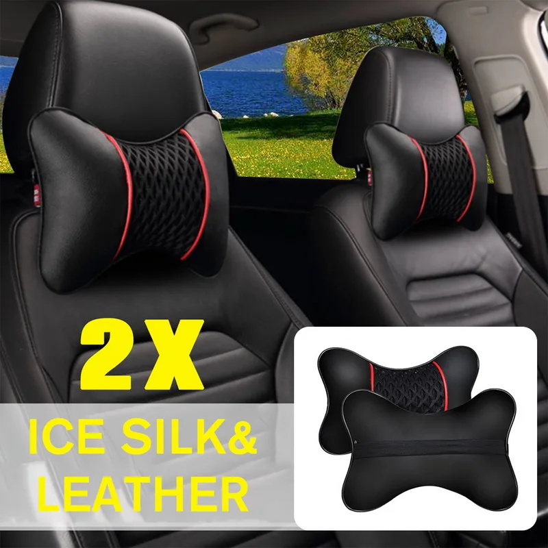 

2Pcs PU Leather Car Seat Pillow Headrest Neck Rest Pillow Car Cover Vehicular Pillow Seat Headrest Accessories 3D Memory Pillow