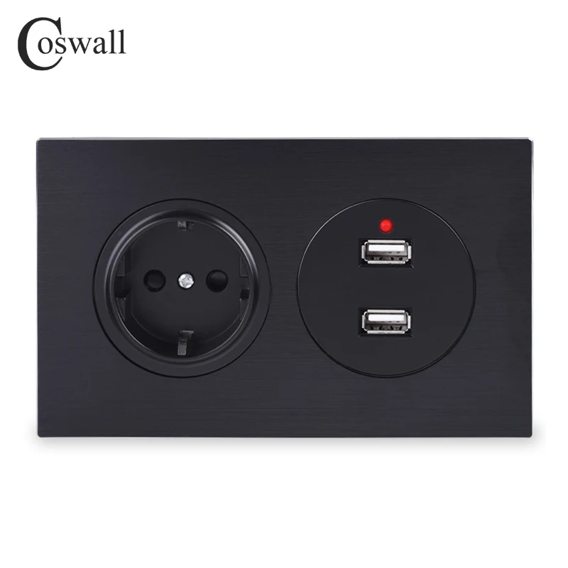 Todo o Alumínio Padrão da ue Tomada de Parede com Dupla Coswall Metal Painel Preto Porta Carregamento Usb 2.4a Saída R12 Series 16a
