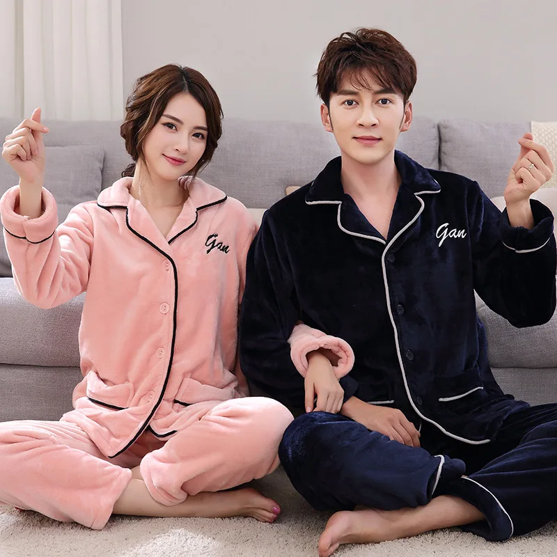 

Winter New Flannel Couple Pajamas Thickened Men Korean Version of Women's Pajamas Two Piece Suit Can Be Worn Out Couple Clothes