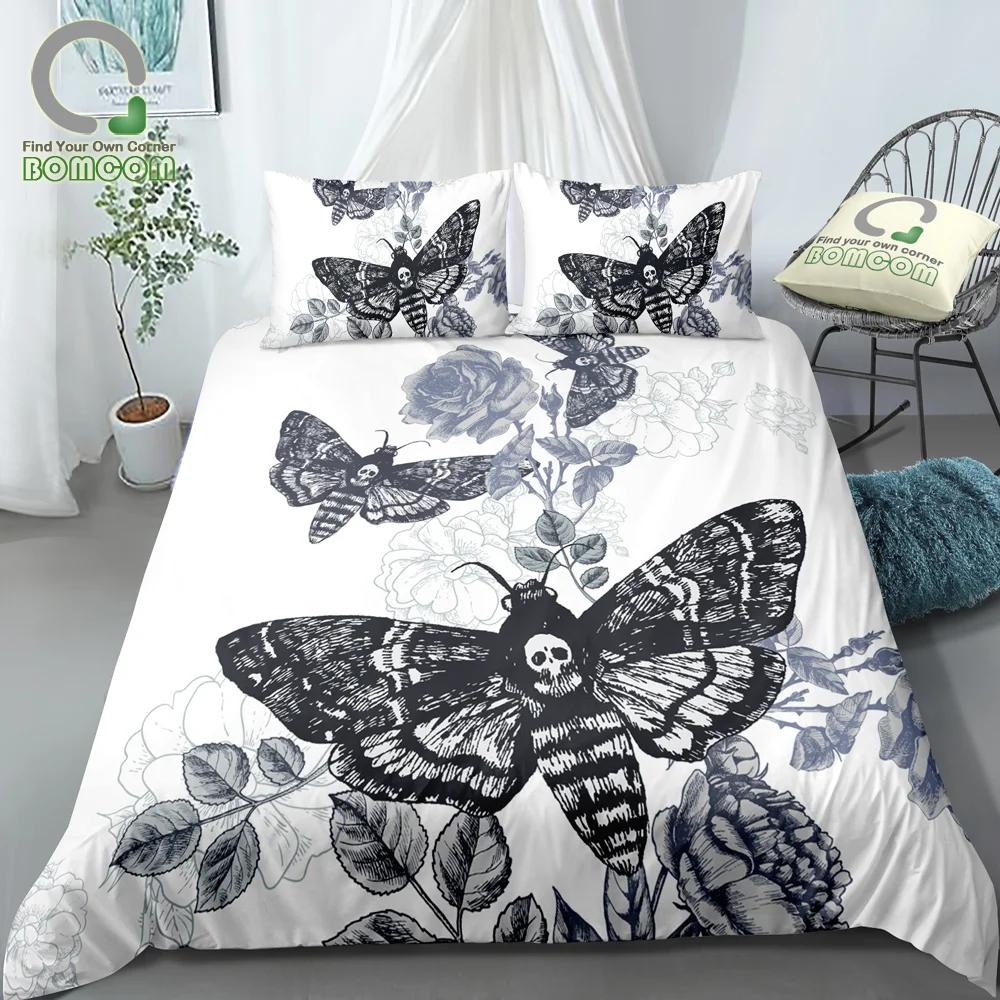 

BOMCOM 3D Digital Printing Duvet Cover Set Head Drawn Death's Head Hawk Moth Roses B&W Bedding Set 100% Microfiber