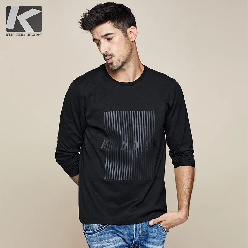 KUEGOU осень хлопок Принт обычная черная футболка мужская футболка брендовая футболка с длинным рукавом футболки одежда размера плюс 7731