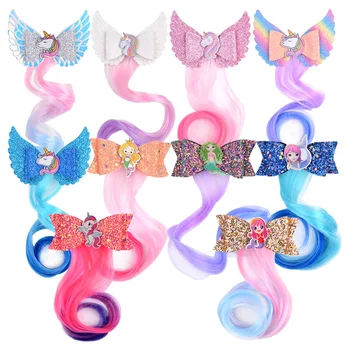 

free shipping 10pcs/pack Hair Accessories Unicorn Hair Clips For Girls Rainbow Glitter Wings Hair Bows Princess Kids Long Wig H