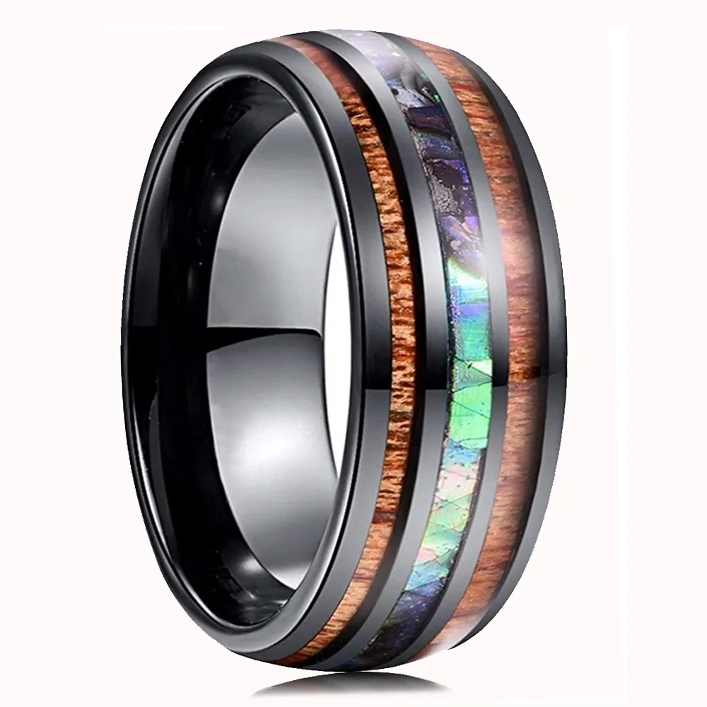 8mm Men's Rose Gold Color Stainless Steel Rings Hawaiian Koa