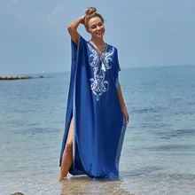 

2021 Plus Size Blue Embroidered Summer Beachwear Chiffon Kaftan Beach Woman Tunic Bath Dress Robe Plage Loose Swim Wear Cover Up