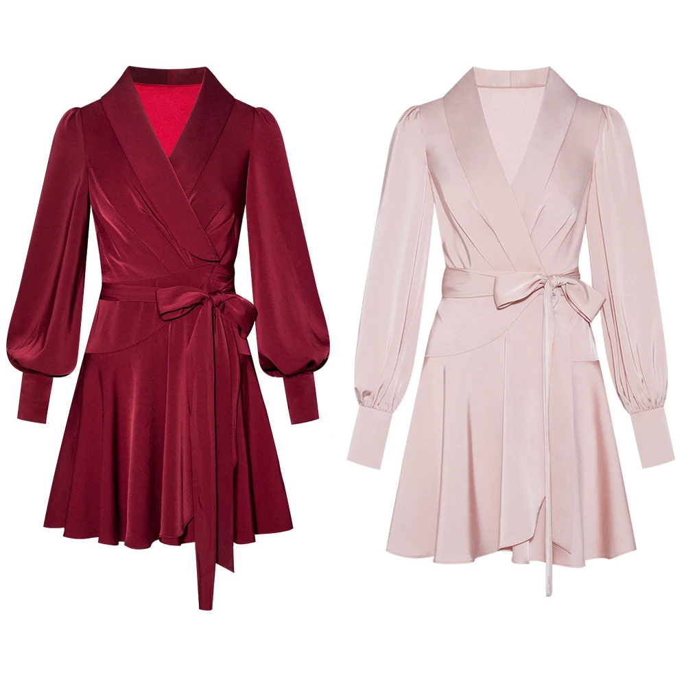 

HUAYIMENGY Pink/Black/Red Dresses Spring Fashion Temperament Sexy V Neck Lantern Long Sleeve A Line Mini Dress With Belt Women