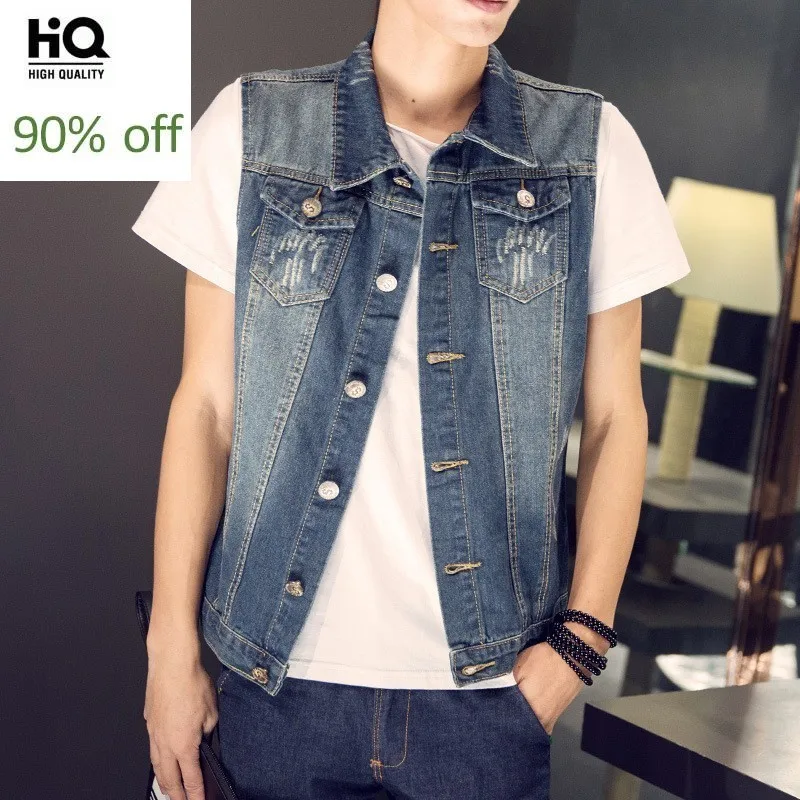 

2020 New Sleeveless Denim Vest for Men Streetwear Korean Style Turn-down Collar Patchwork Skinny Jackets Casual Waistcoat Male