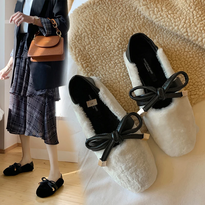 

2019 Women Shoes All-Match Modis Slip-on Bow-Knot Round Toe Women's Moccasins Loafers Fur Casual Female Sneakers Shallow Mouth