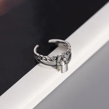 

Japanese and Korean version of S925 sterling silver double lock ring retro tank chain ring index finger ring female