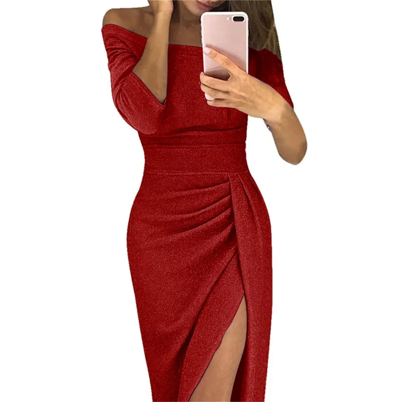 Женское вечернее платье, сексуальное блестящее платье с открытыми плечами и рюшами, платье с разрезом до бедра, сексуальное Клубное женское платье с рукавом на запястье - Цвет: red