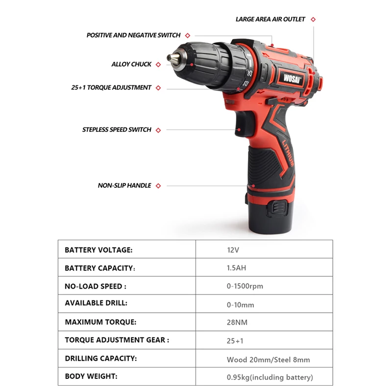 WOSAI 12V 16V 20V Cordless Drill Electric Screwdriver Mini Wireless Power Driver DC Lithium-Ion Bat