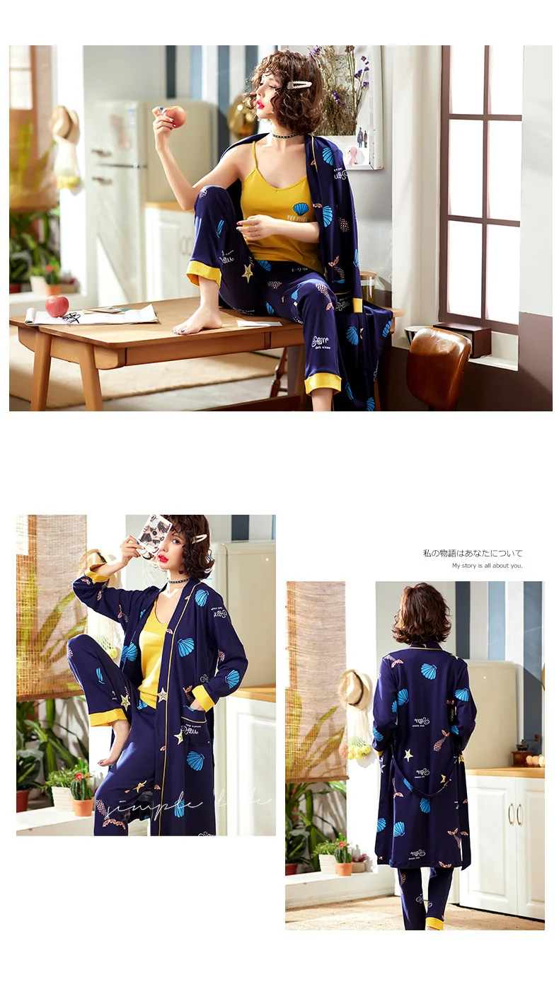 Primavera e Outono Pijamas de Algodão de Manga Comprida Completa Três Peças Robe Bonito Sexy Leisurewear Terno 8 Pijamas e Moda Íntima