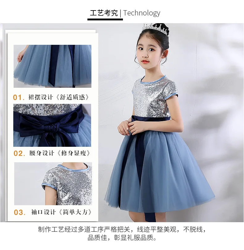 New Style Princess Dress Girls Birthday Evening Gown Blue Wedding Dress Tutu Host Chorus Costume Women's