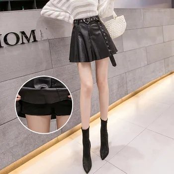 

Belt Leather Skirt Female Harajuku Car Pleated Black-Style-Style Large-Size High-Waist A- Line Skirt