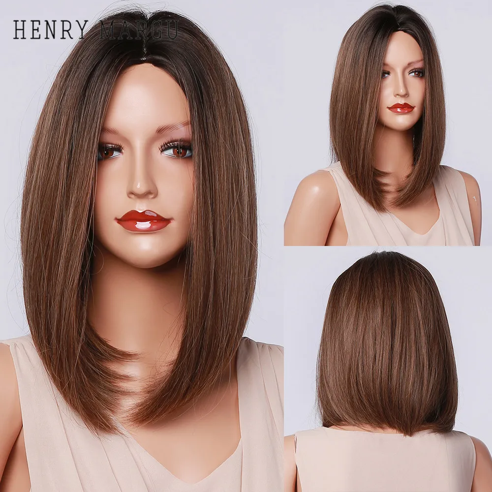 Bob Wigs Short Synthetic-Wigs Middle-Part Brown Black Women Brazilian Heat-Resistant