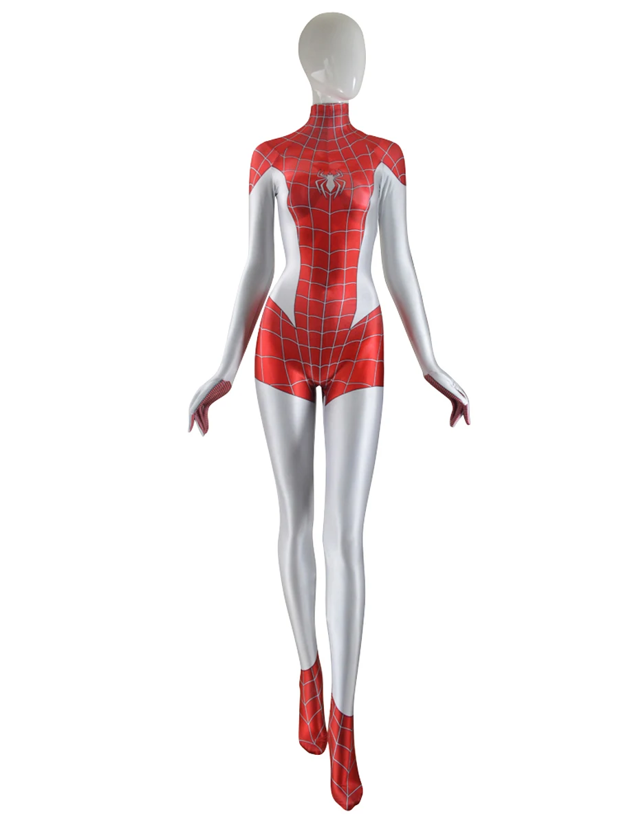 

White and Red MJ Spider Costume Mary Jane Spider Girl Cosplay Suit 3D Print Spiderwoman Halloween Spiderman Zentai Catsuit