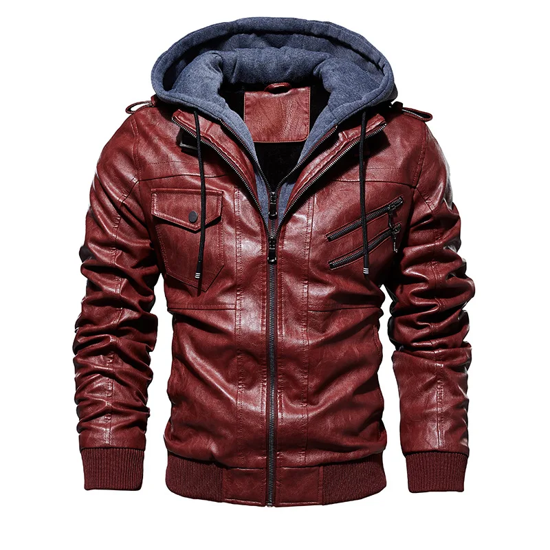 Wine Red Мужские мотоциклетные кожаные куртки Зимние Пальто 4XL Брендовые мужские модные повседневные Куртки из искусственной кожи с капюшоном Мужские Теплые Куртки из искусственной кожи - Цвет: Wine Red