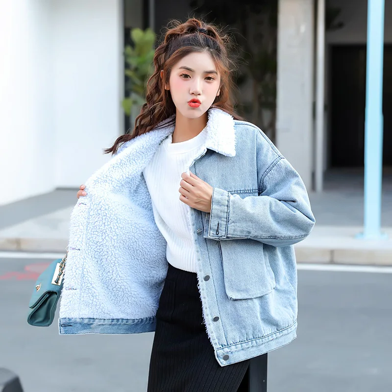 

2019 Winter New Style Korean-style Loose-Fit Versatile Lambs Wool Jeans Coat Women's College Style Thick Fashion