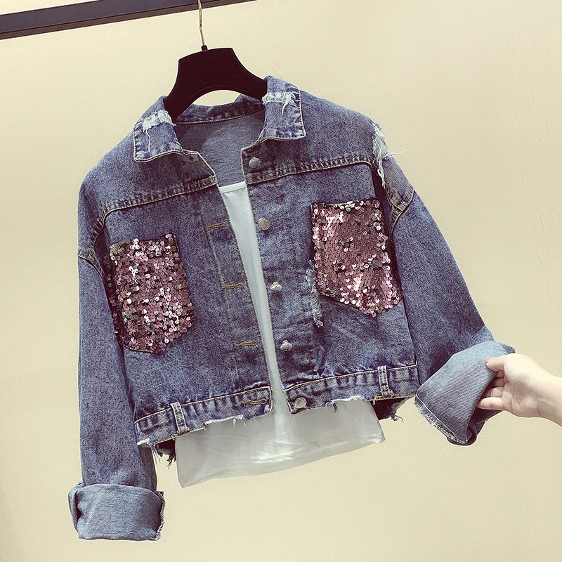 

Short Denim Jacket Coat Female Student Loose 2020 Spring Autumn Sequins Irregular Short Jeans Jacket Women Holes Denim Coats Top