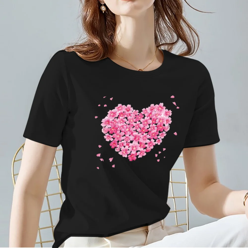 Women Tops Tee Black All-match Casual Ladies T-Shirts O Neck Love Heart Pattern Print Commuter Short Sleeve Women's Clothing friends t shirt