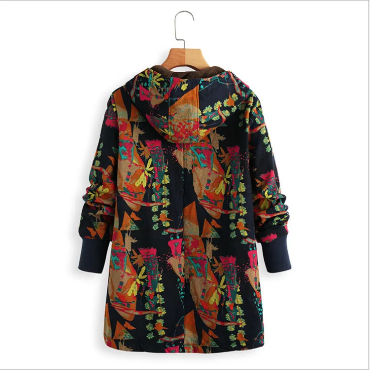 5XL, Женская куртка, зимняя, хлопок и кашемир, с капюшоном, Ретро стиль, принт, женское, толстое, теплое пальто, большой размер, Женская куртка, осень